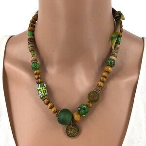 Coin Pendant Necklace Beaded Leather Neckline Glass Wood Beads Green Brown